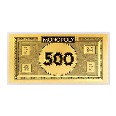 A picture of a 5 gram Monopoly Foil Gold Note (2024)